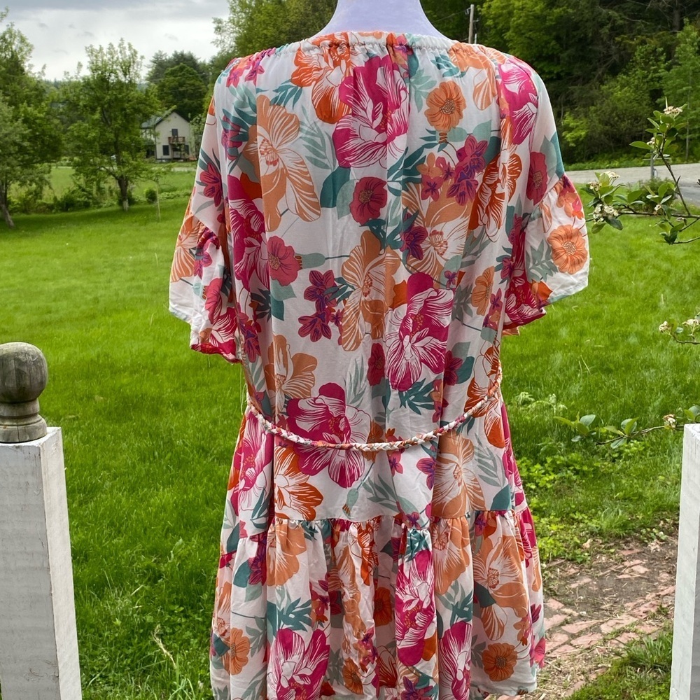 Rachel Zoe Pink Orange Rayon Mini Dress Ruffled Rope Belt Size Medium - Picture 2 of 15